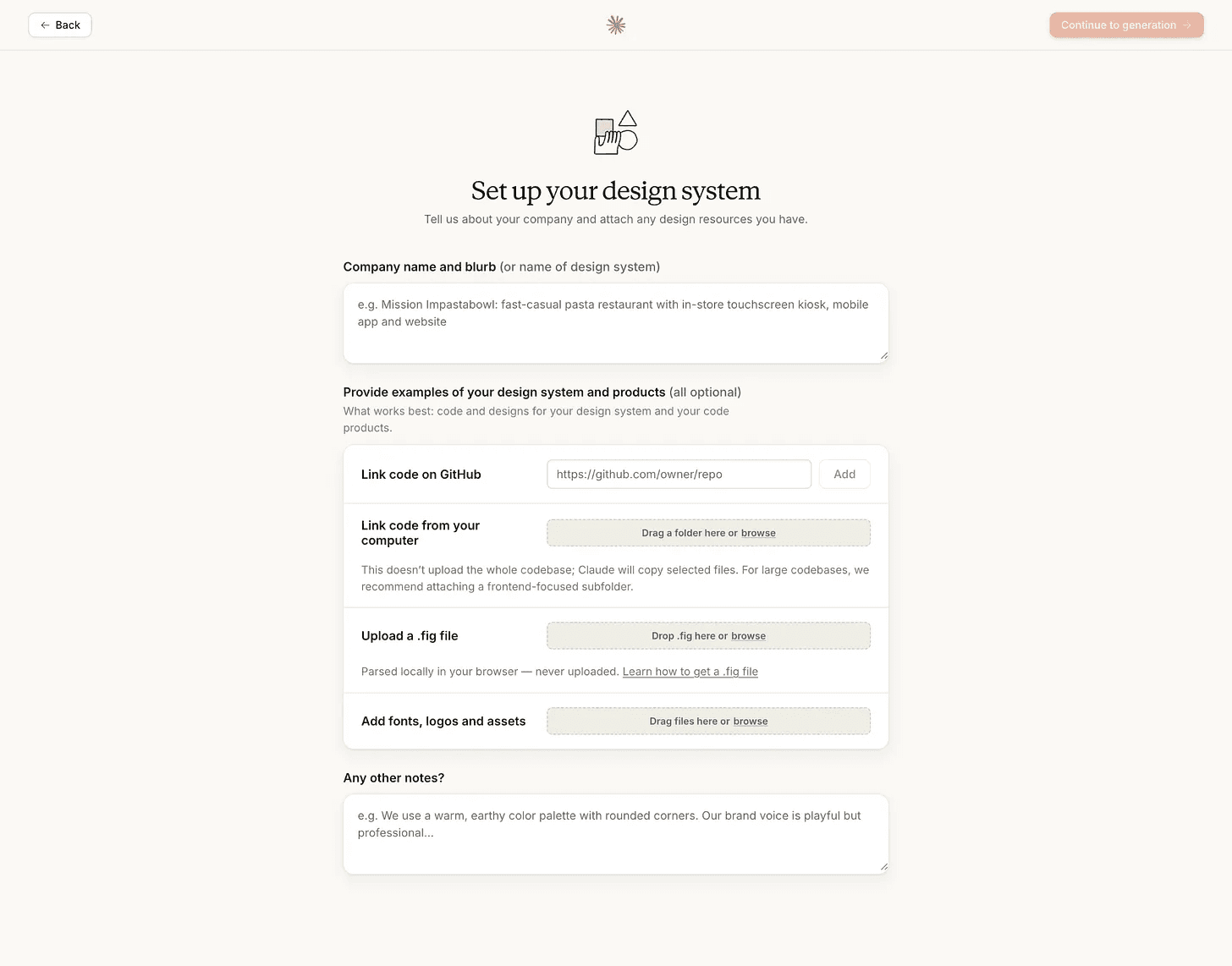 The Claude Design brand system setup screen — connect your GitHub repo, Figma file, fonts, logos, and assets before building